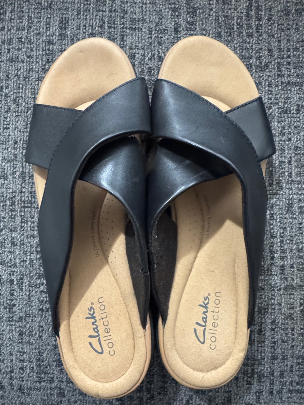 Clarks Black Leather Cross-Strap Slide Sandals